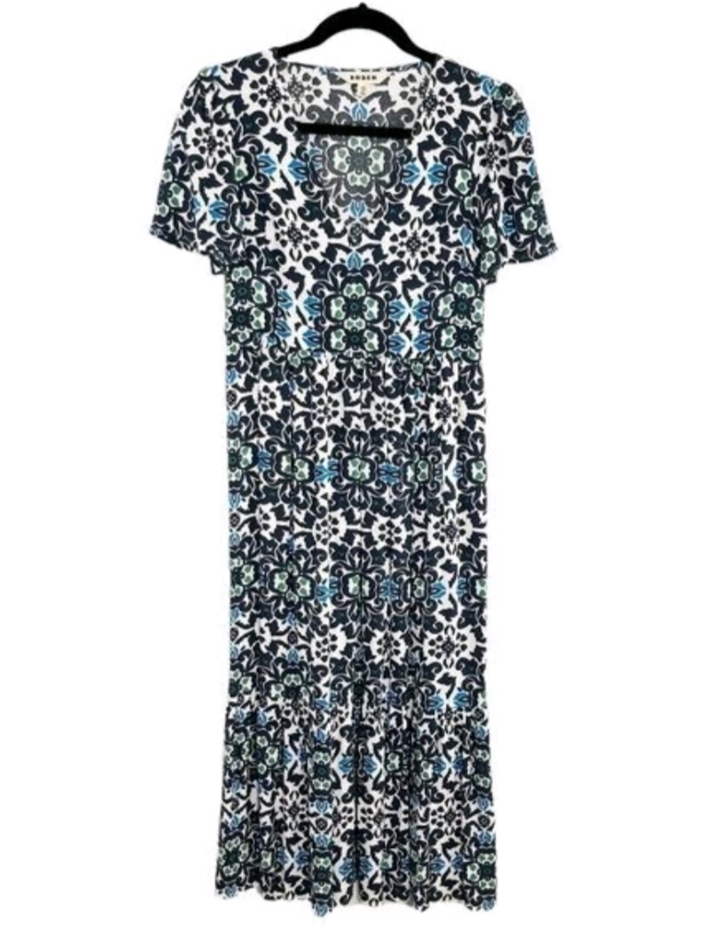 Short Sleeve Maxi Dress in Blue, Black & White Tile Print